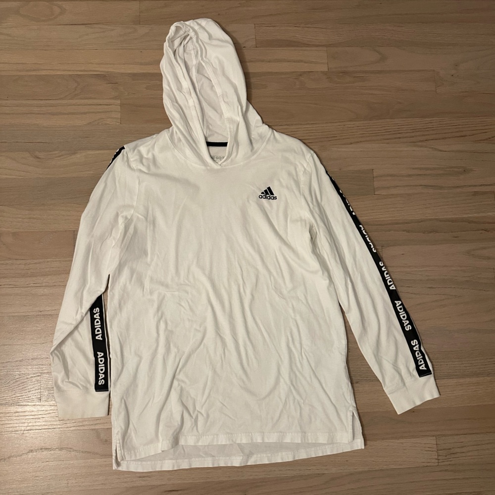 Boys’ Adidas White and Black Long-Sleeve Hooded T-Shirt